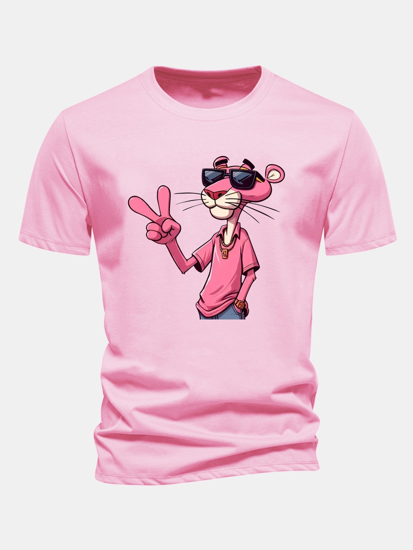 Regular Fit Pink Panther With V Sign Print Cotton T-Shirt