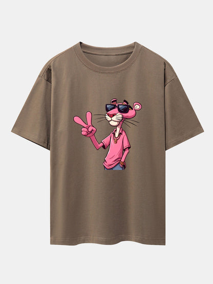 Pink Panther With V Sign Print Drop Shoulder Oversize T-Shirt