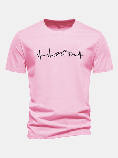Regular Fit Heartbeat Mountain Print Cotton T-Shirt