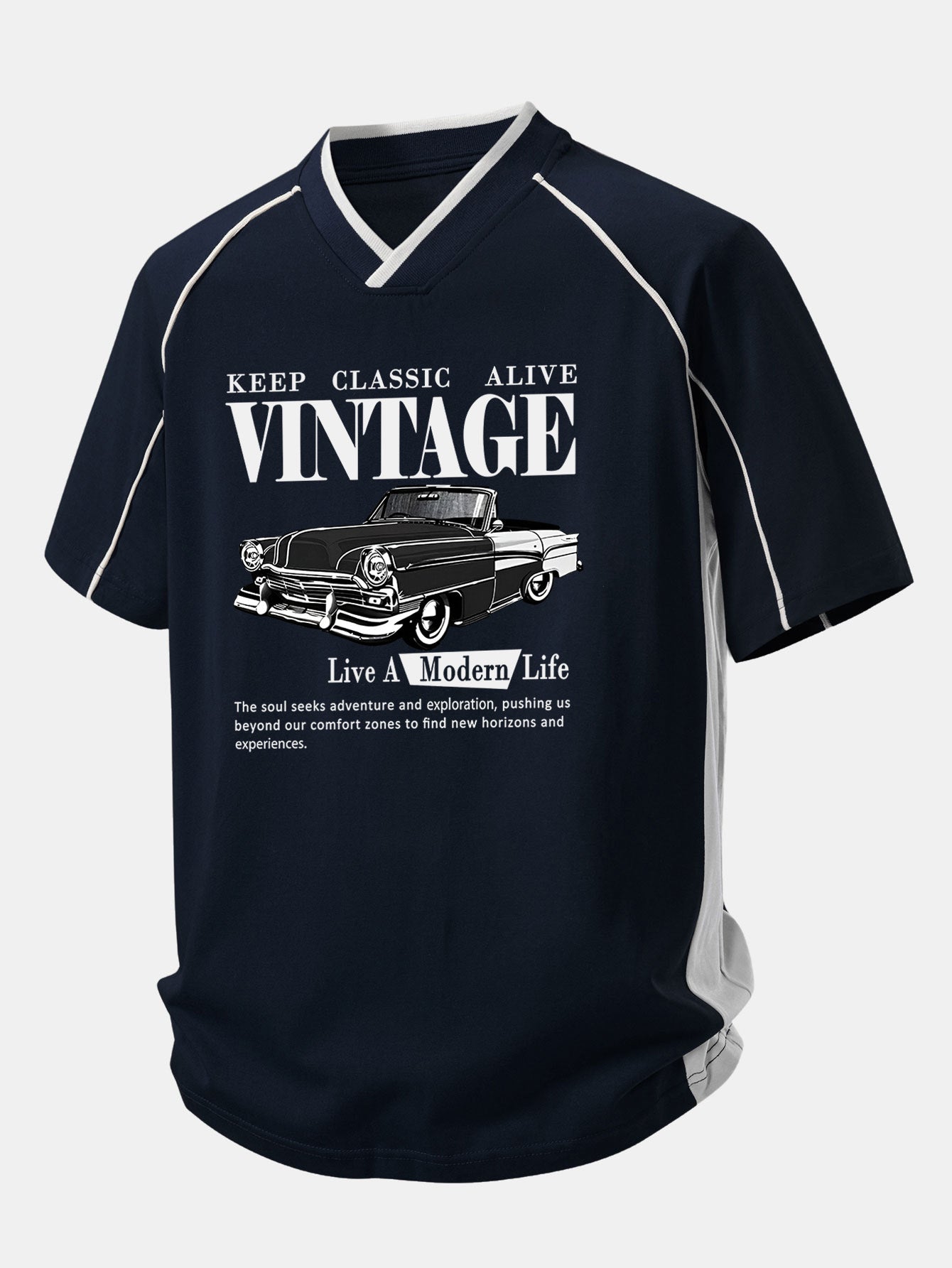 Vintage Car Print Contrast Piping V-Neck Raglan Sleeve T-Shirt