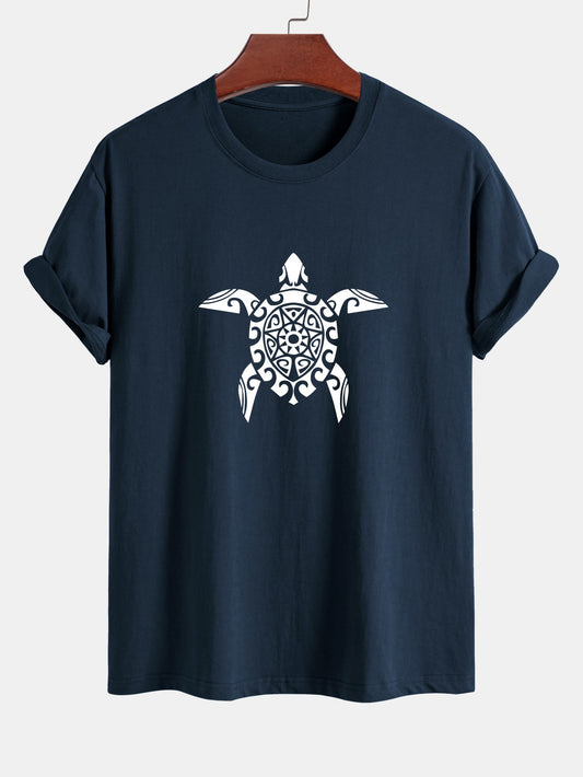 Regular Fit Geometric Turtle Print Cotton T-Shirt