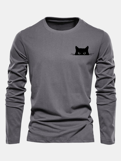 Long Sleeve Black Cat Print Cotton T-Shirt