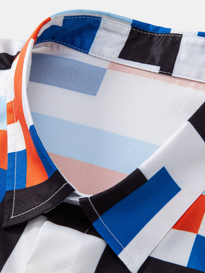 Striped Color Block Print Button Up Shirt