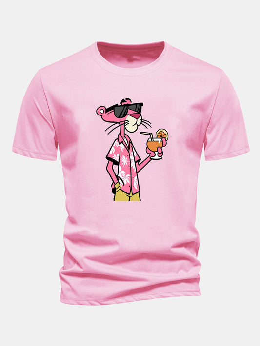 Regular Fit Vacation Pink Panther Print Cotton T-Shirt