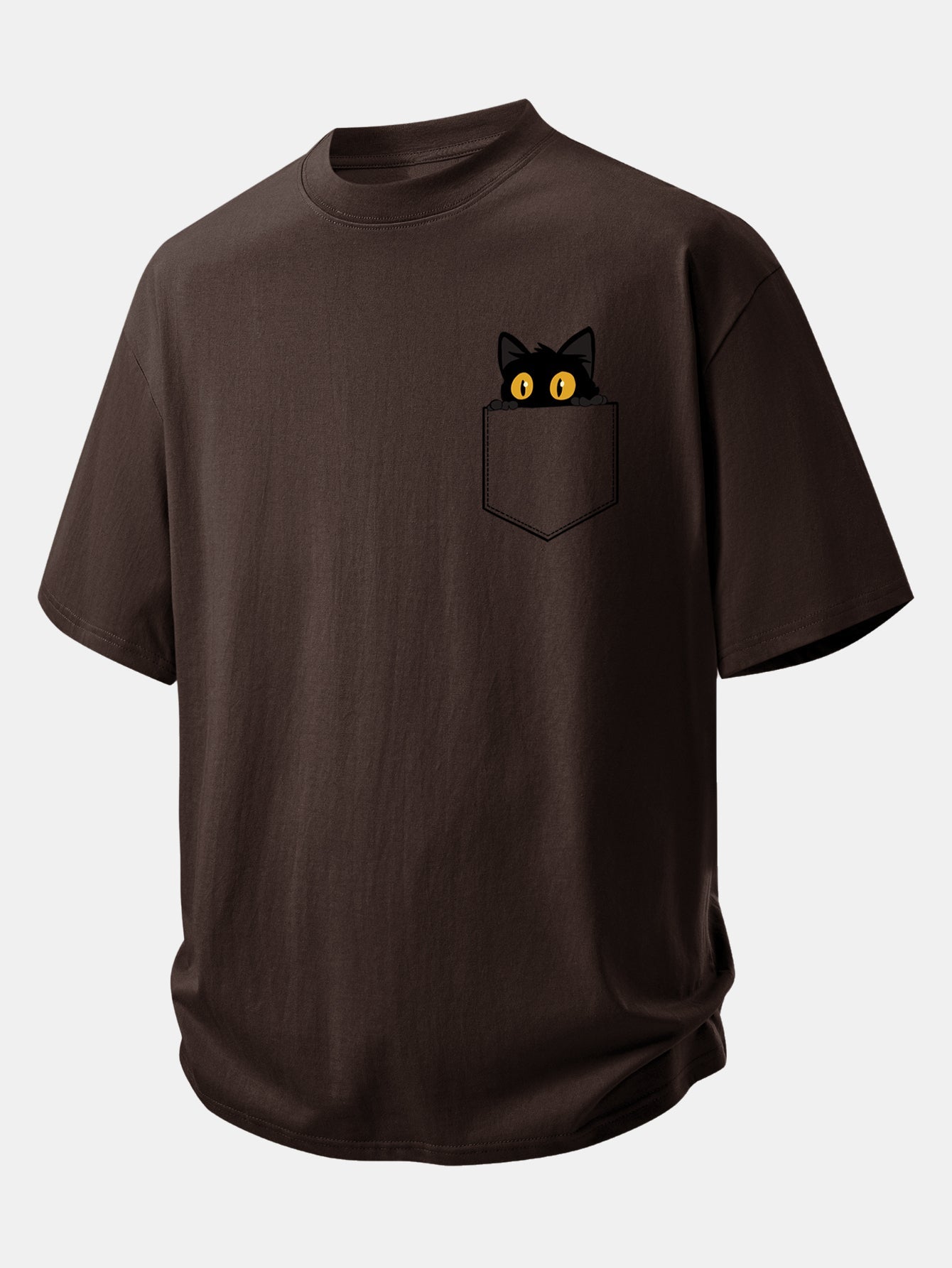 Relax Fit Pocket Black Cat Print Cotton T-Shirt