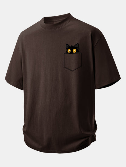 Relax Fit Pocket Black Cat Print Cotton T-Shirt