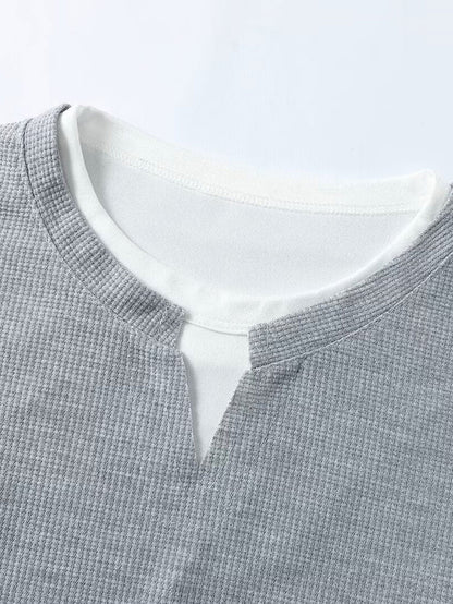 Relax Fit Smiley Face Print 2 In 1 Notched Collar Waffle T-Shirt
