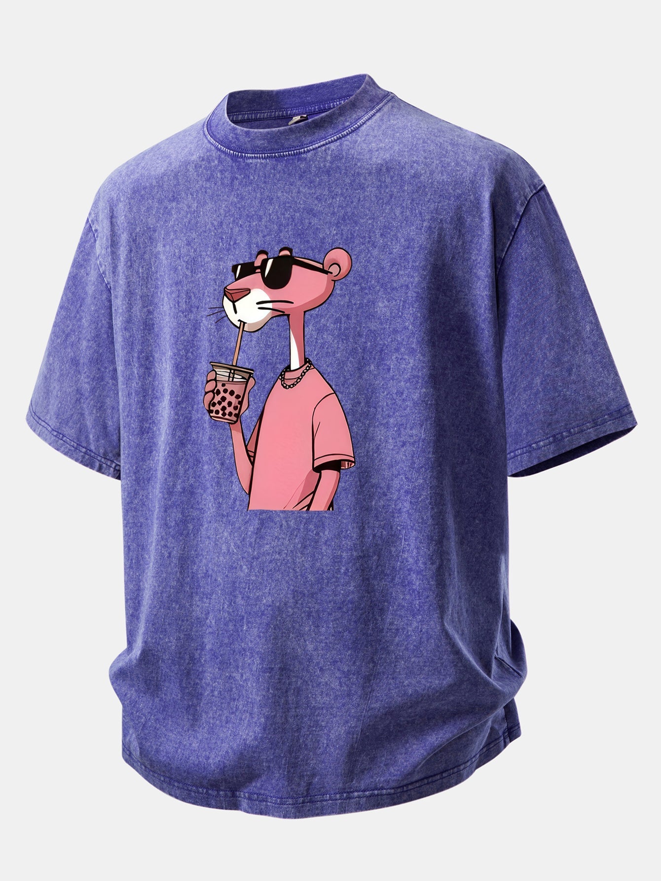 Pink Panther Print Washed Distressed Drop Shoulder T-Shirt