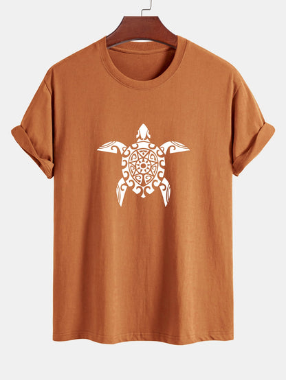 Regular Fit Geometric Turtle Print Cotton T-Shirt