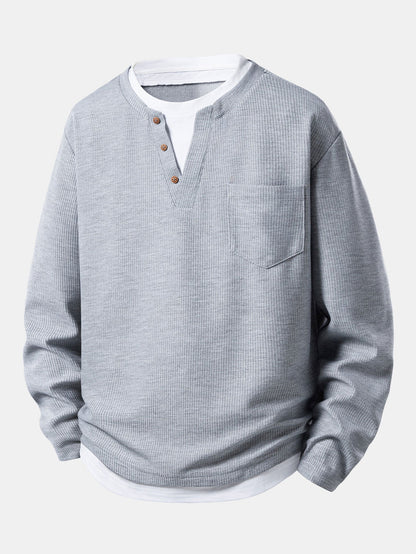 2 In 1 Button V-Neck Waffle T-Shirt With Pocket