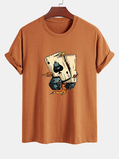 Regular Fit Dice Playing Cards Print Cotton T-Shirt