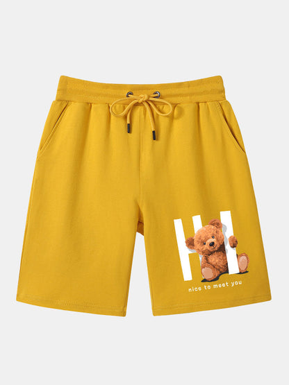 Slogan Bear Print Mid Length Shorts