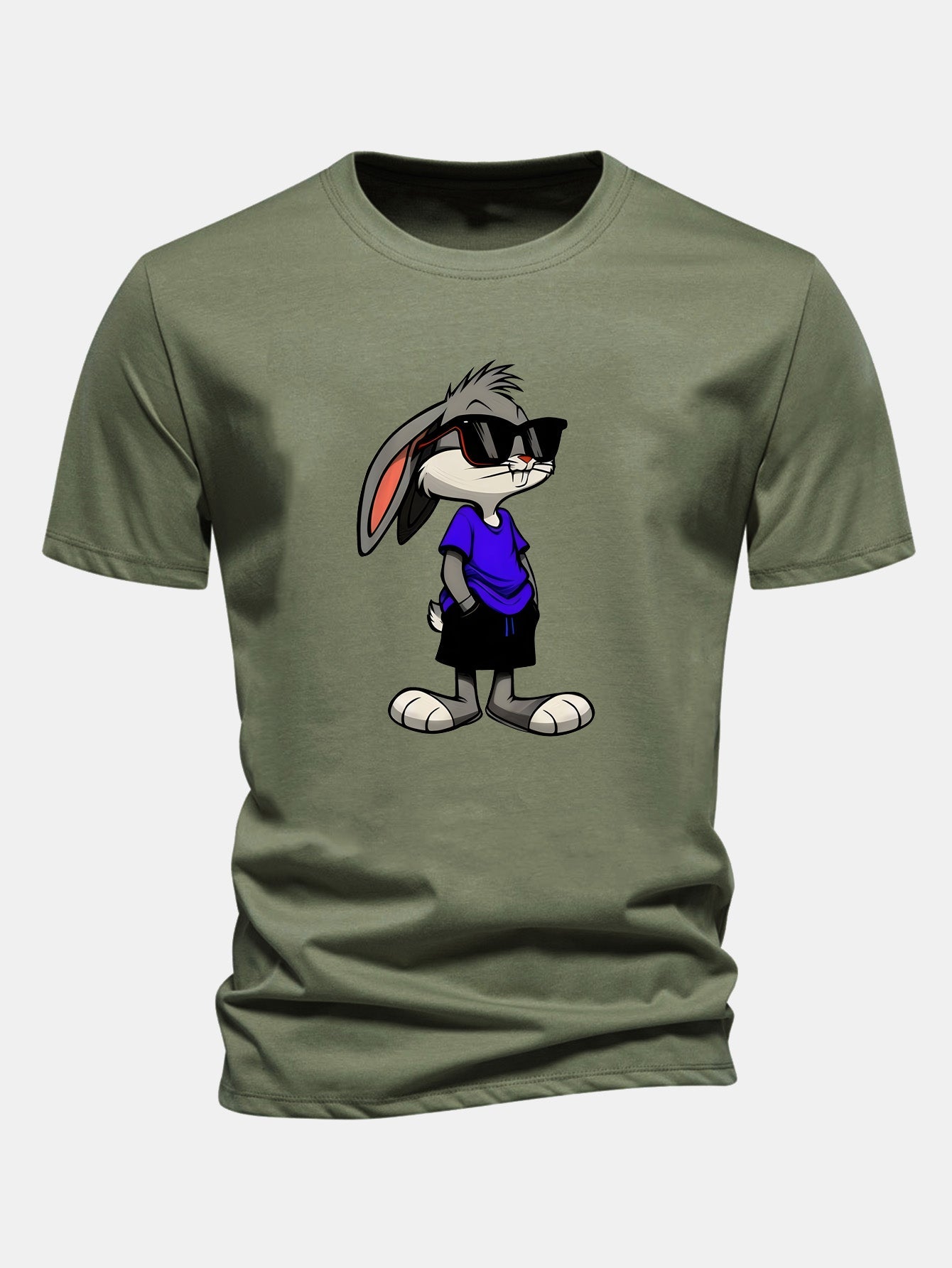 Regular Fit Sunglasses Rabbit Print Cotton T-Shirt