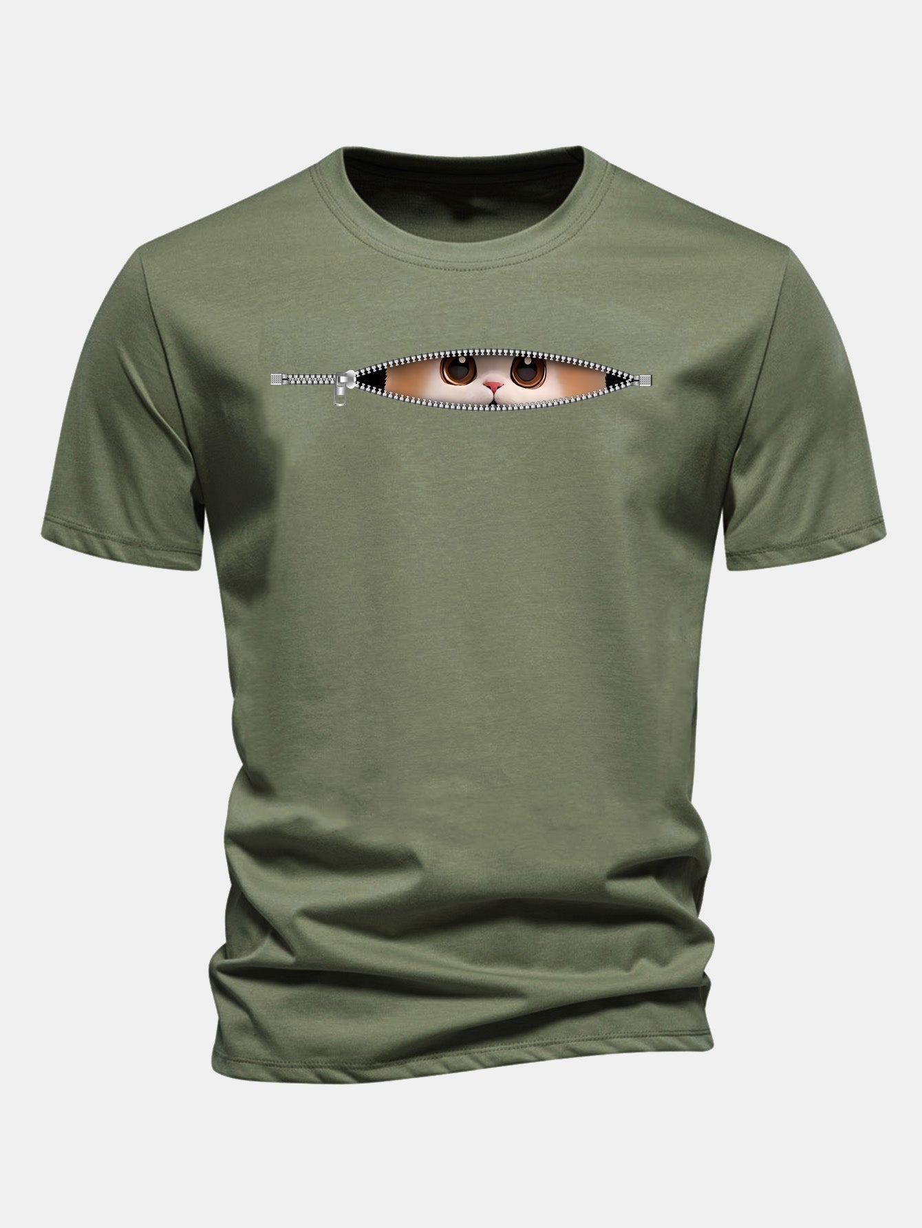 Regular Fit Zipper Cat Print Cotton T-Shirt