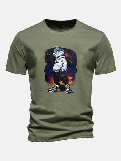Regular Fit Cartoon Rabbit Print Cotton T-Shirt
