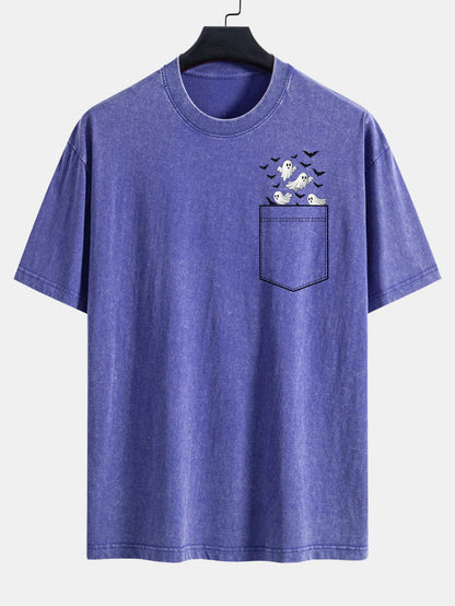 Pocket Bat Ghost Print Washed Distressed Drop Shoulder T-Shirt