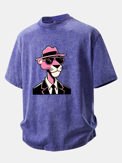 Pink Gentleman Panther Print Washed Distressed Drop Shoulder T-Shirt