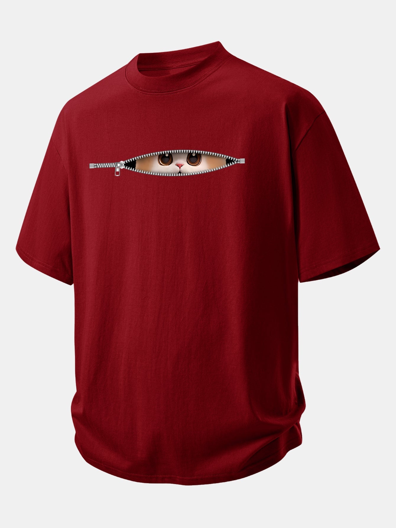 Relax Fit Zipper Cat Print Cotton T-Shirt