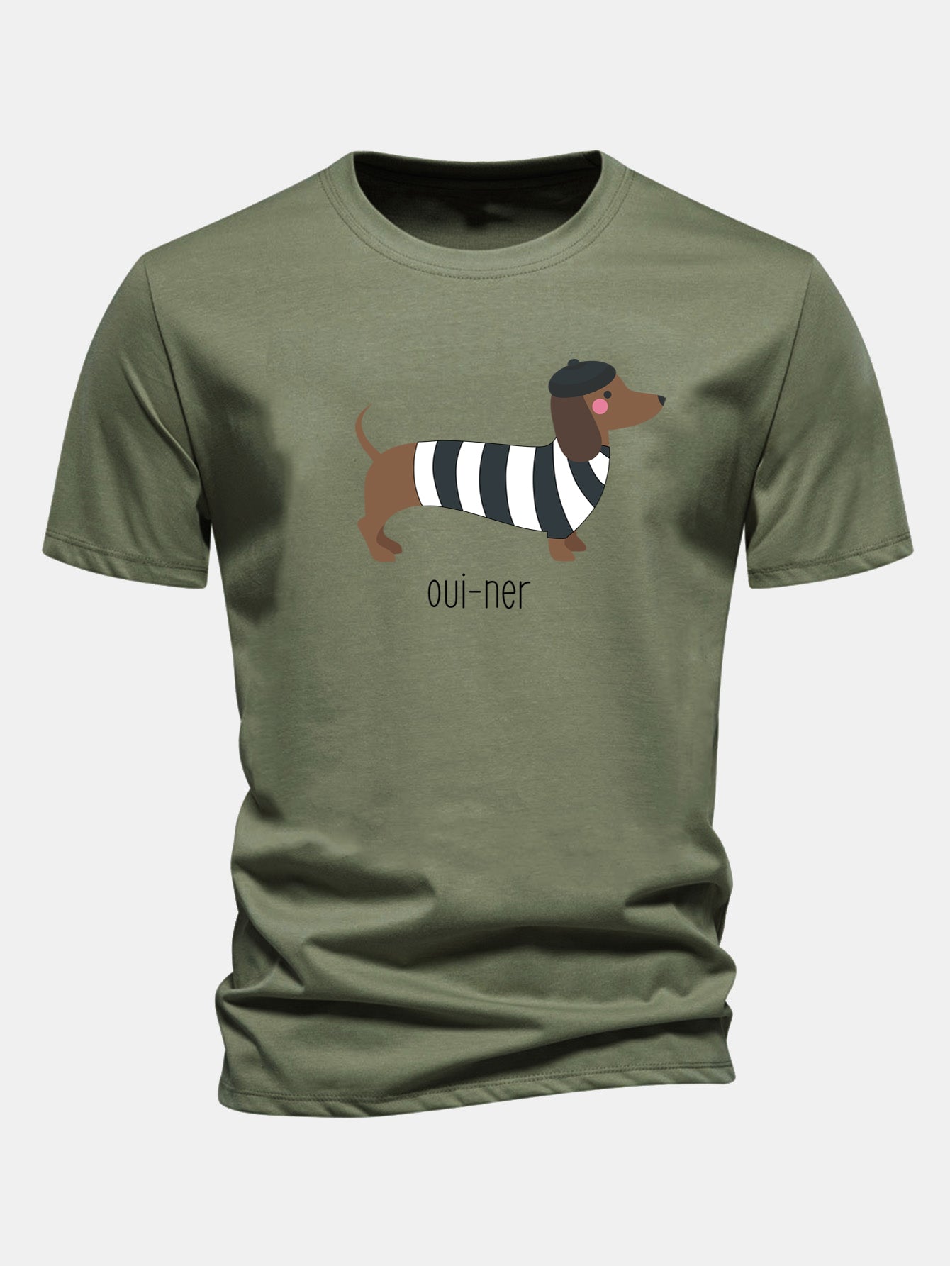 Regular Fit French Dachshund Print Cotton T-Shirt