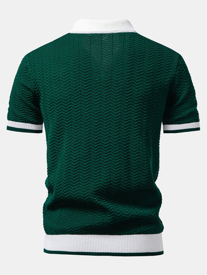 Texture Contrast Knitted V Neck Polo Shirt