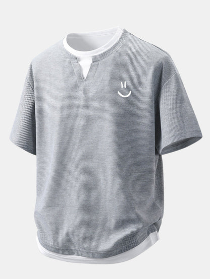 Relax Fit Smiley Face Print 2 In 1 Notched Collar Waffle T-Shirt
