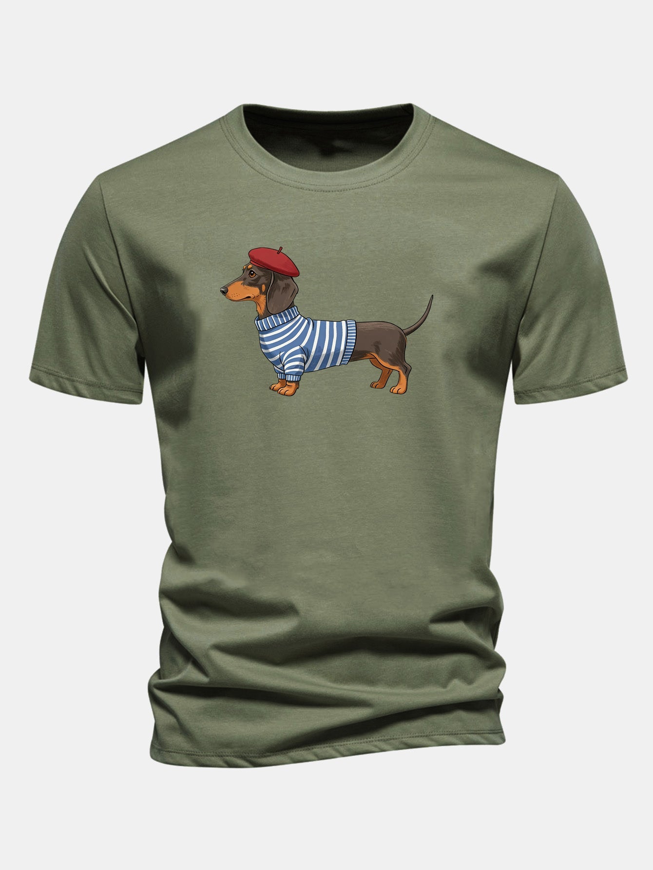 Regular Fit Dachshund Wearing Striped Sweater Print Cotton T-Shirt