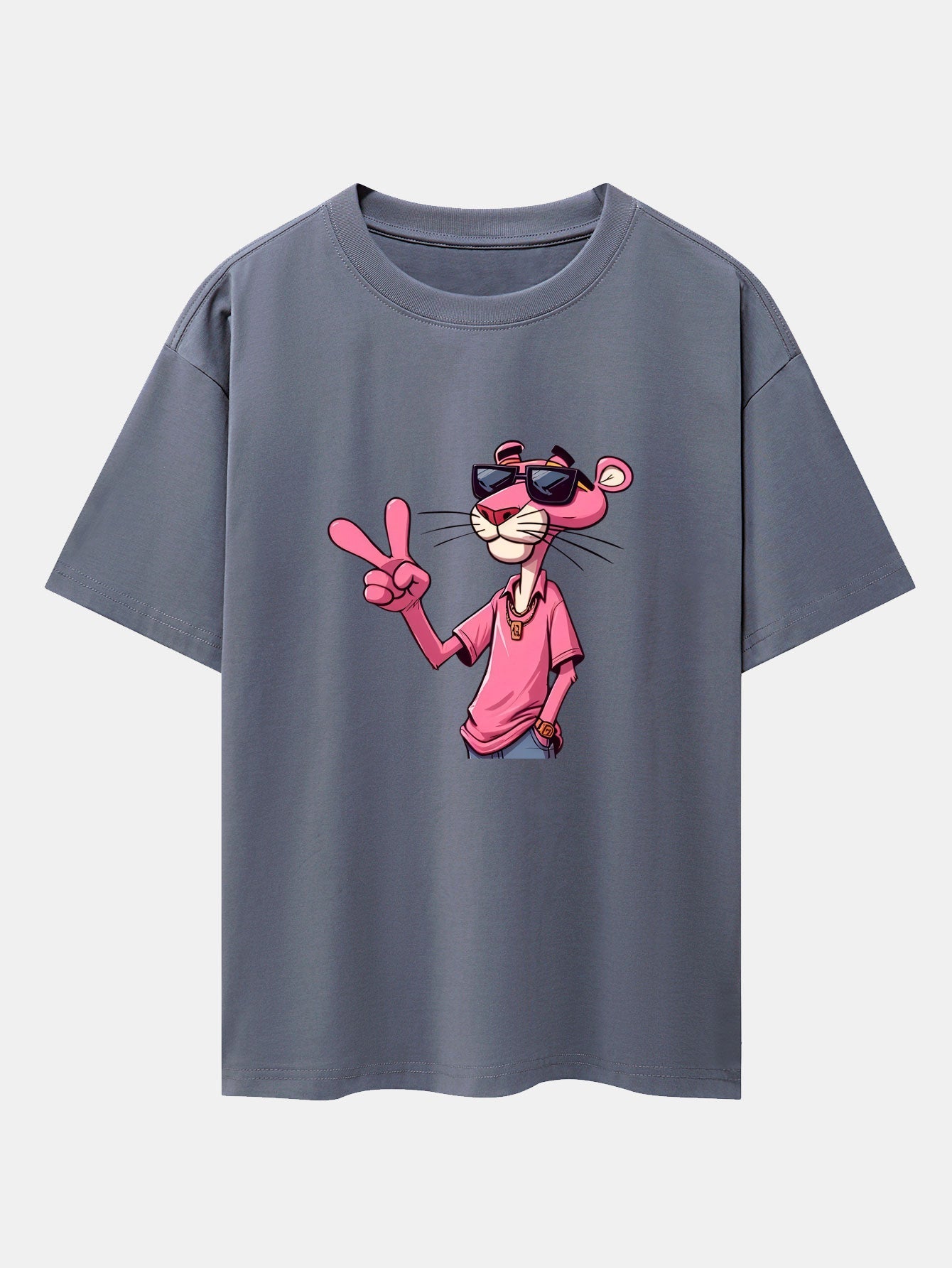 Pink Panther With V Sign Print Drop Shoulder Oversize T-Shirt