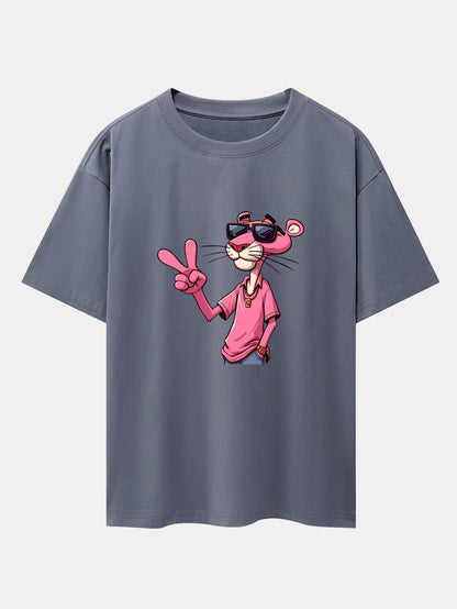Pink Panther With V Sign Print Drop Shoulder Oversize T-Shirt