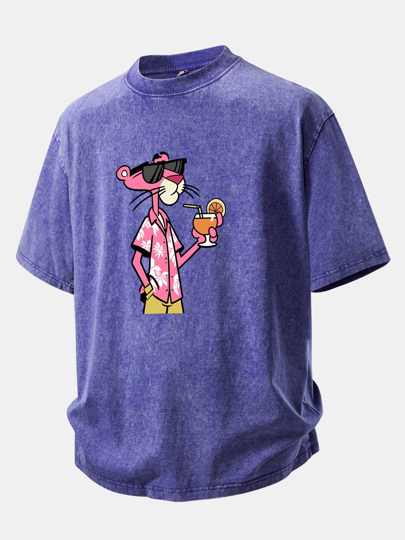 Vacation Pink Panther Print Washed Distressed Drop Shoulder T-Shirt
