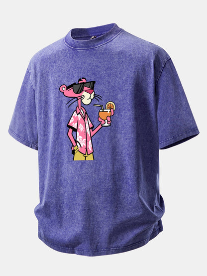 Vacation Pink Panther Print Washed Distressed Drop Shoulder T-Shirt