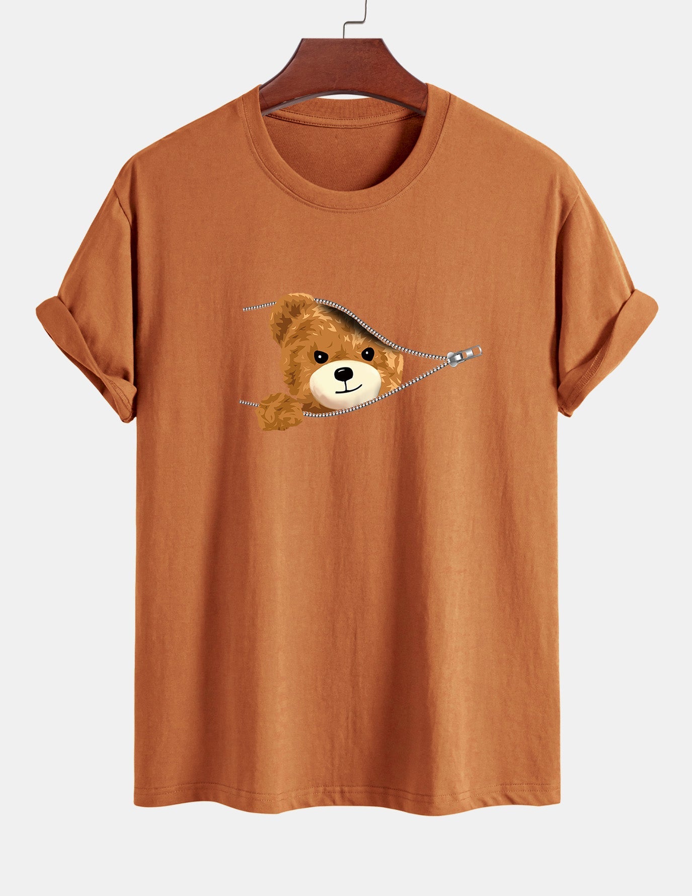 Regular Fit Zipper Bear Print Cotton T-Shirt