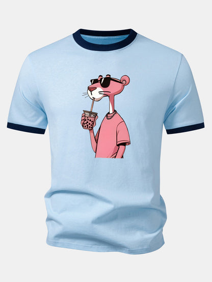 Pink Panther Print Contrast Ringer T-Shirt