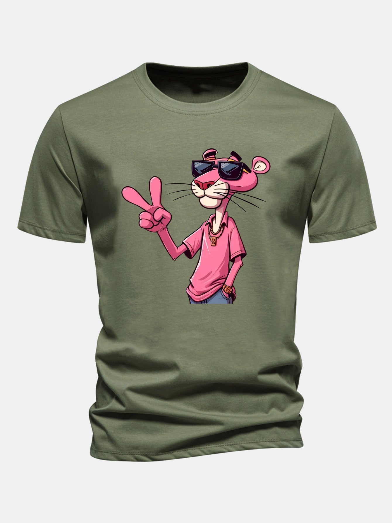 Regular Fit Pink Panther With V Sign Print Cotton T-Shirt