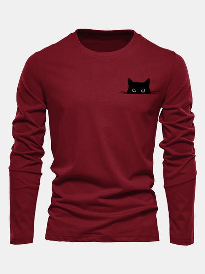 Long Sleeve Black Cat Print Cotton T-Shirt