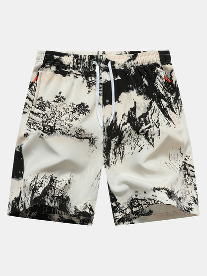 Ink Print Zipper Pocket Shorts