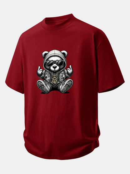 Relax Fit Hip Hop Bear Print Cotton T-Shirt