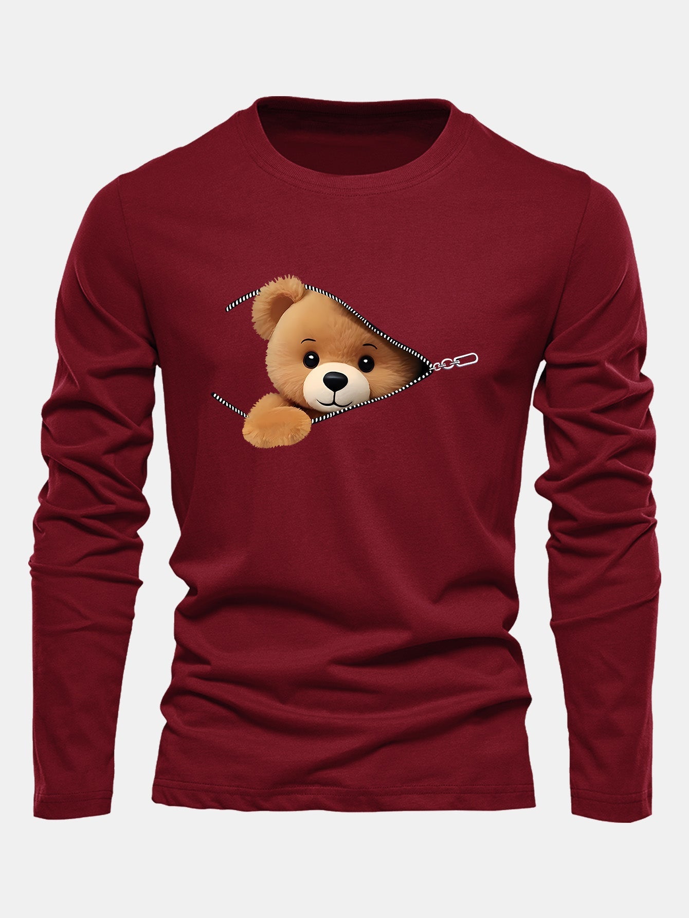 Long Sleeve Zipper Bear Print Cotton T-Shirt