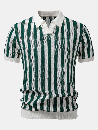 Stripe Johnny Collar Open Knit Polo