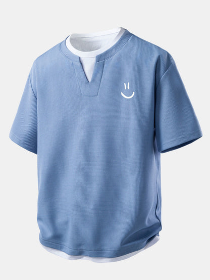 Relax Fit Smiley Face Print 2 In 1 Notched Collar Waffle T-Shirt