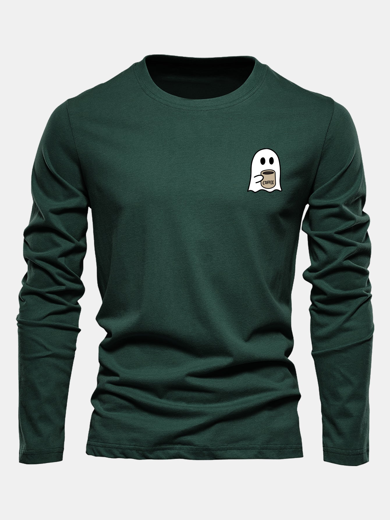 Long Sleeve Ghost Drinking Coffee Print Cotton T-Shirt