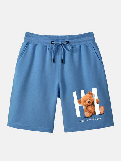 Slogan Bear Print Mid Length Shorts