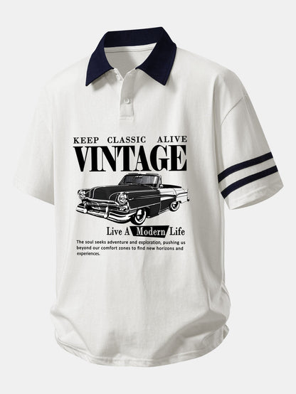 Relax Fit Vintage Car Print Contrast Collar Polo Shirt