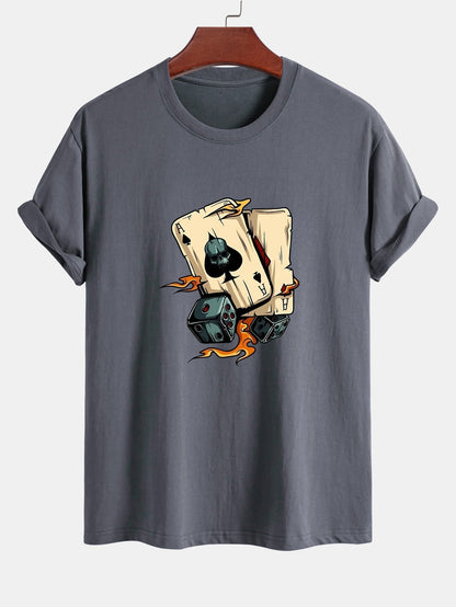 Regular Fit Dice Playing Cards Print Cotton T-Shirt
