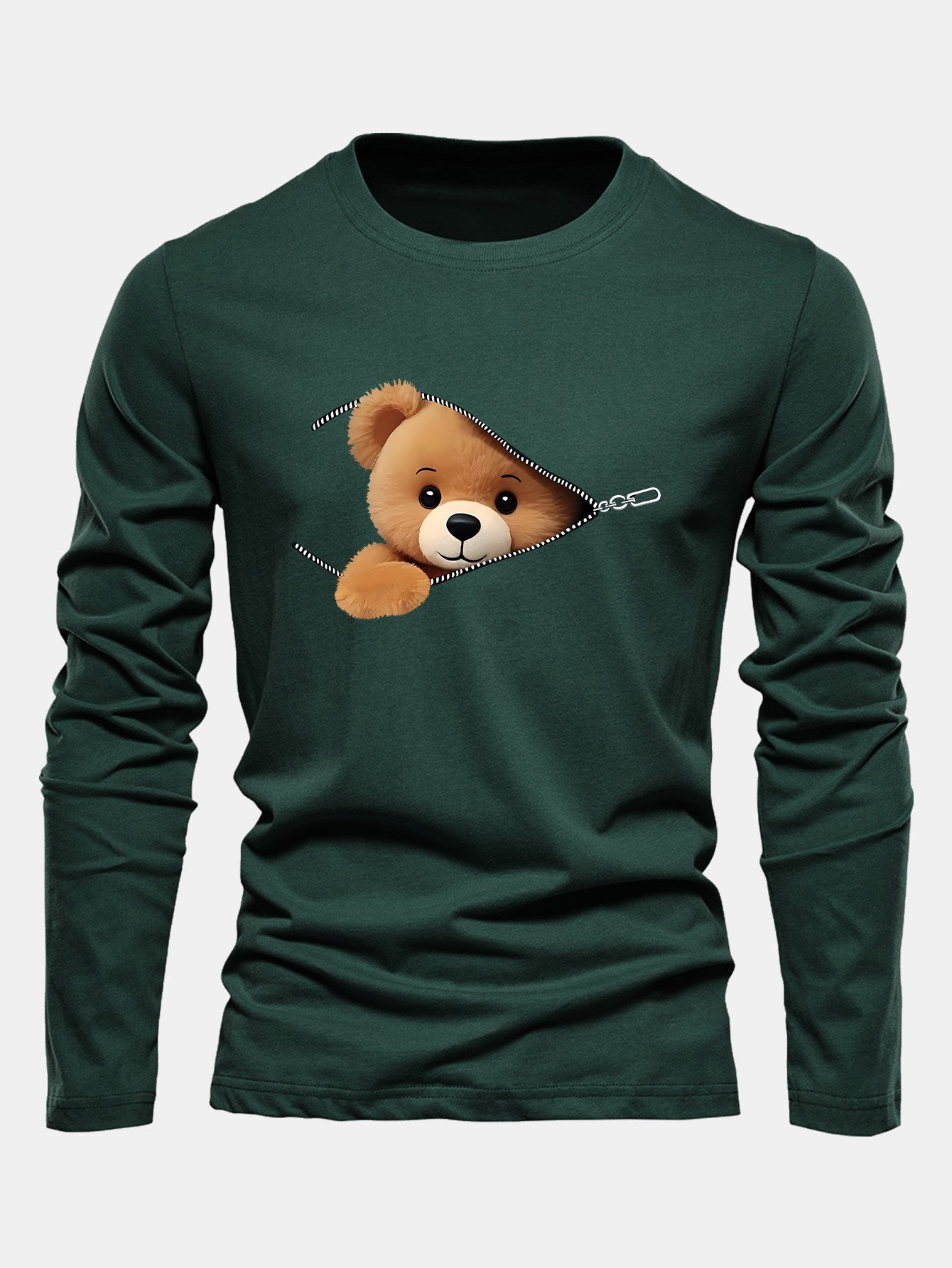 Long Sleeve Zipper Bear Print Cotton T-Shirt