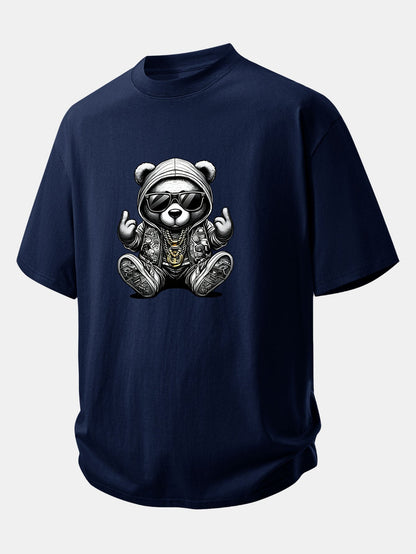 Relax Fit Hip Hop Bear Print Cotton T-Shirt