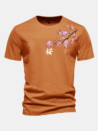 Regular Fit Cherry Blossoms Print Cotton T-Shirt