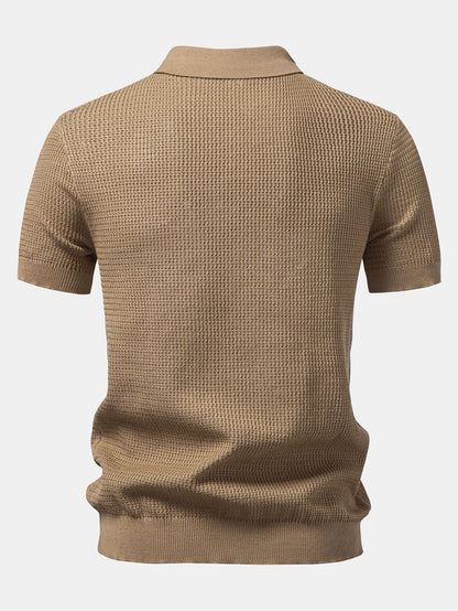 Textured Johnny Collar Crocheted Knit Polo