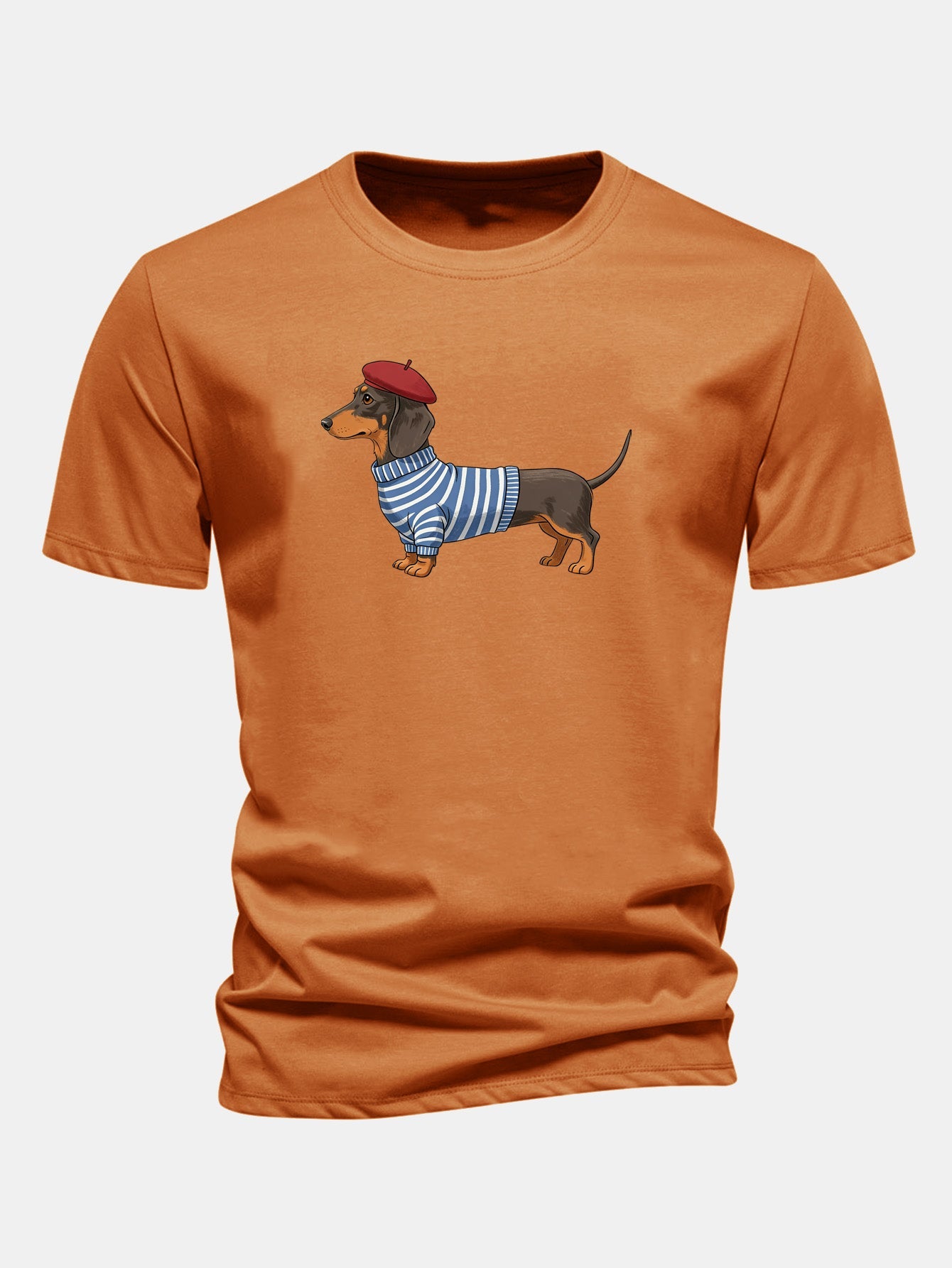 Regular Fit Dachshund Wearing Striped Sweater Print Cotton T-Shirt