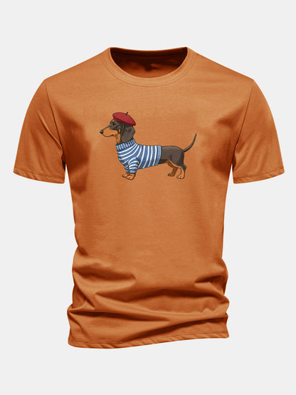 Regular Fit Dachshund Wearing Striped Sweater Print Cotton T-Shirt