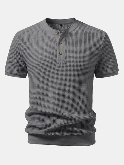 Waffle Textured Ribbed Hem Henley Shirt